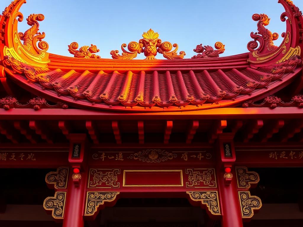 Telhado de templo asiático tradicional em vermelho e dourado